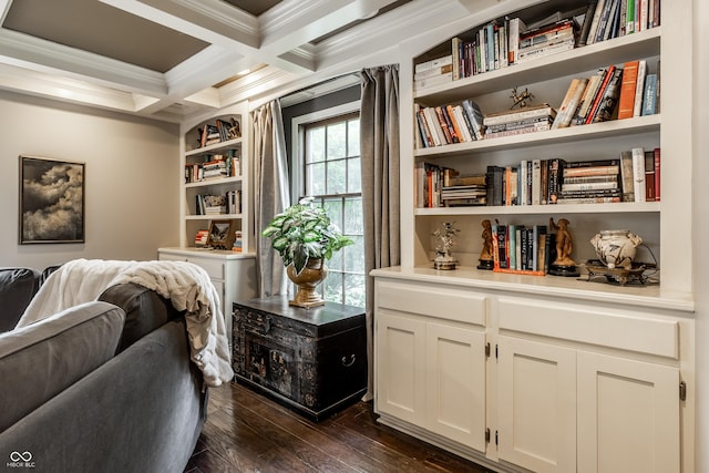 7743 Camelback Dr, Indianapolis, IN 46250 - living area featuring ornamental molding, beamed ceiling, dark wood-style floors, and coffered ceiling