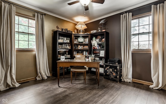 7743 Camelback Dr, Indianapolis, IN 46250 - home office with ceiling fan, healthy amount of natural light, crown molding, and wood finished floors