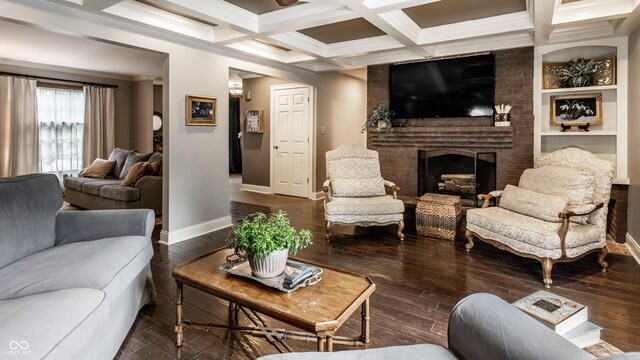 7743 Camelback Dr, Indianapolis, IN 46250 - living room with beam ceiling, crown molding, a brick fireplace, coffered ceiling, and hardwood / wood-style floors