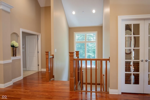 23119 Sonoma Ln, Cicero, IN 46034 - corridor featuring wood finished floors, an upstairs landing, and vaulted ceiling