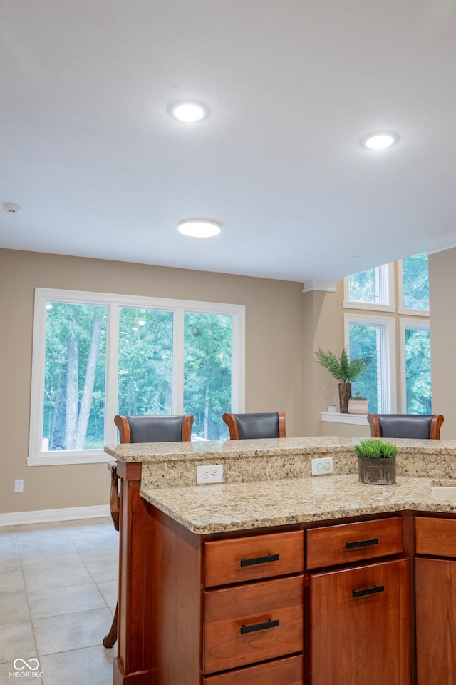 23119 Sonoma Ln, Cicero, IN 46034 - kitchen featuring light stone countertops, brown cabinets, recessed lighting, and light tile patterned floors