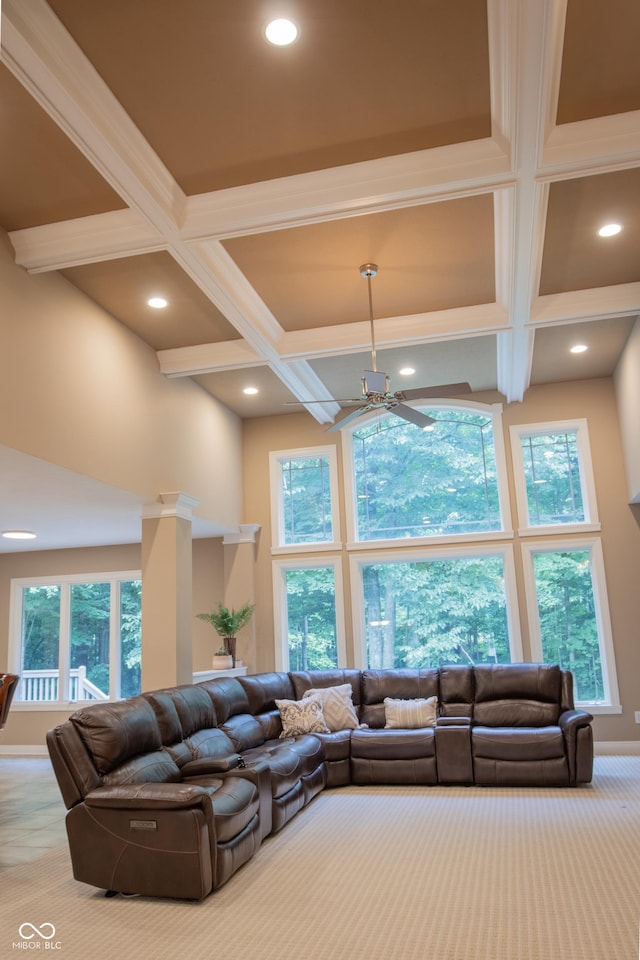 23119 Sonoma Ln, Cicero, IN 46034 - carpeted living room with coffered ceiling, a high ceiling, beamed ceiling, and recessed lighting
