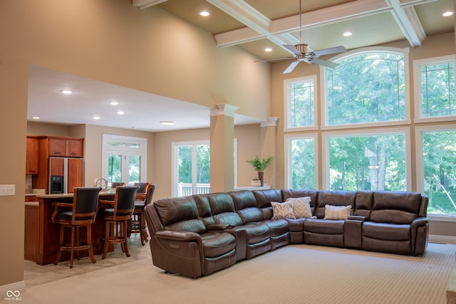 23119 Sonoma Ln, Cicero, IN 46034 - living room featuring light colored carpet, a towering ceiling, plenty of natural light, beamed ceiling, and recessed lighting