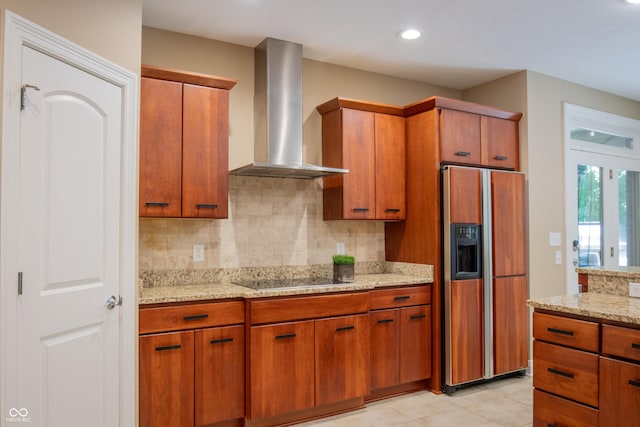 23119 Sonoma Ln, Cicero, IN 46034 - kitchen with paneled built in refrigerator, wall chimney range hood, black electric cooktop, decorative backsplash, and recessed lighting