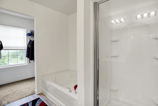 1571 N Creekwater Pass, Greenfield, IN 46140 - bathroom featuring a bath, a stall shower, and wood finished floors