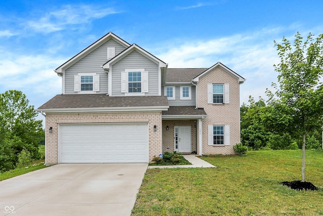 1571 N Creekwater Pass, Greenfield, IN 46140 - view of front of property featuring concrete driveway, an attached garage, a front yard, brick siding, and a shingled roof