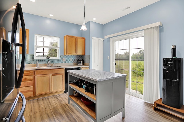 1571 N Creekwater Pass, Greenfield, IN 46140 - kitchen with freestanding refrigerator, black dishwasher, light countertops, open shelves, and recessed lighting