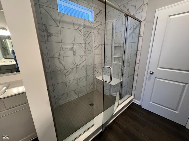 6729 Birmingham Ave, Mccordsville, IN 46055 - bathroom featuring wood finished floors, a stall shower, and vanity