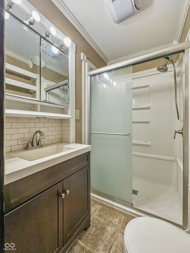 1011 W 7th St, Anderson, IN 46016 - full bath with ornamental molding, decorative backsplash, a shower stall, vanity, and tile patterned flooring