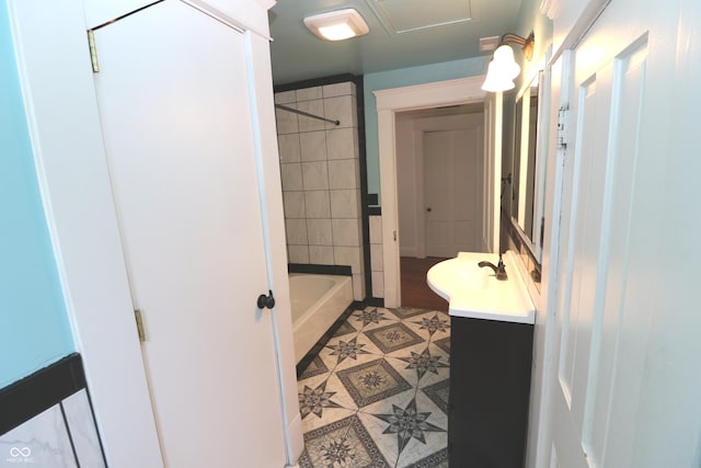 611 E Wabash Ave, Crawfordsville, IN 47933 - bathroom featuring vanity, bathing tub / shower combination, and tile patterned flooring