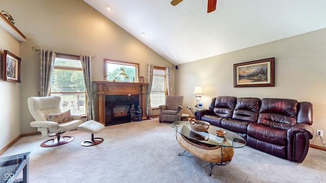 8818 Mathews Rd, Indianapolis, IN 46259 - living area with carpet, a high end fireplace, a ceiling fan, and high vaulted ceiling