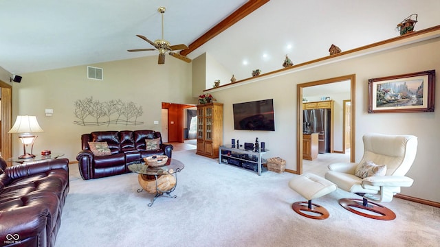 8818 Mathews Rd, Indianapolis, IN 46259 - living area featuring carpet floors, high vaulted ceiling, a ceiling fan, and beamed ceiling