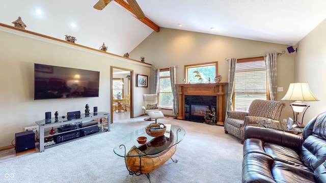 8818 Mathews Rd, Indianapolis, IN 46259 - living room featuring beamed ceiling, carpet flooring, a fireplace with flush hearth, and high vaulted ceiling