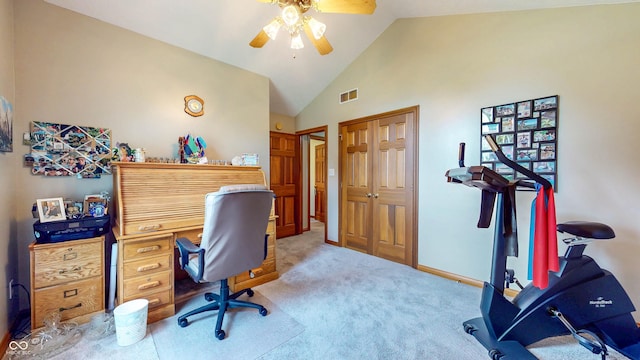 8818 Mathews Rd, Indianapolis, IN 46259 - office area with a ceiling fan, light colored carpet, and high vaulted ceiling