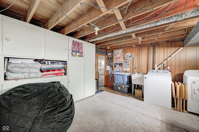 6143 Schoolwood Dr, Indianapolis, IN 46224 - unfinished below grade area with washer and clothes dryer and a sink