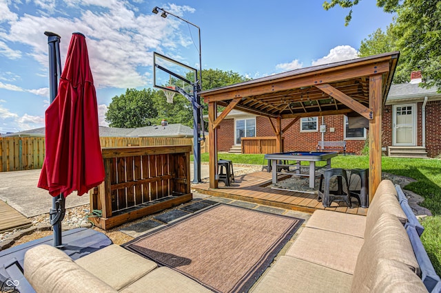 6143 Schoolwood Dr, Indianapolis, IN 46224 - view of patio / terrace featuring a gazebo, a wooden deck, entry steps, and outdoor dining space