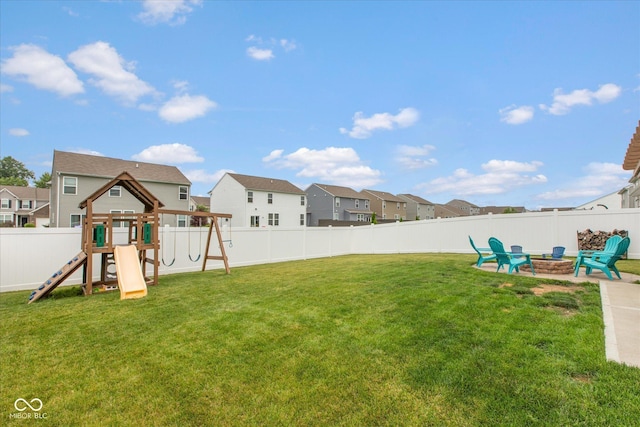 10334 Deercrest Ln, Indianapolis, IN 46239 - fenced backyard featuring a residential view, a fire pit, and a playground