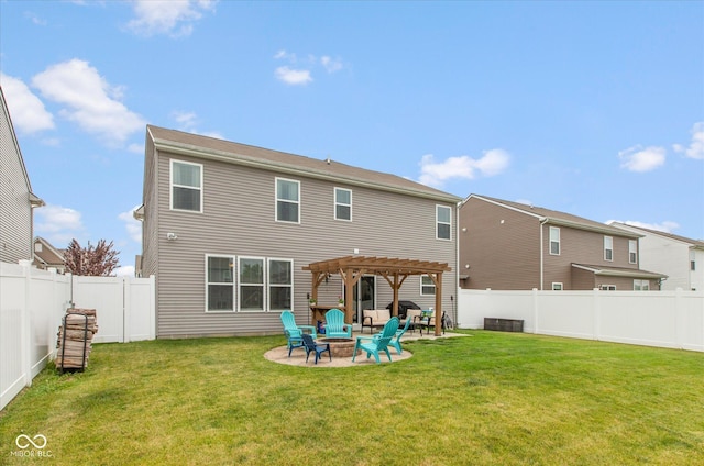 10334 Deercrest Ln, Indianapolis, IN 46239 - back of house with a pergola, a fenced backyard, a patio, and a fire pit