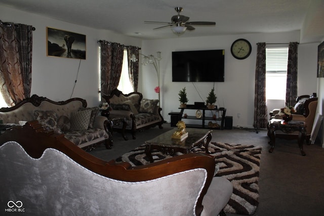 9068 Thames Dr, Avon, IN 46123 - living area with carpet flooring and a ceiling fan