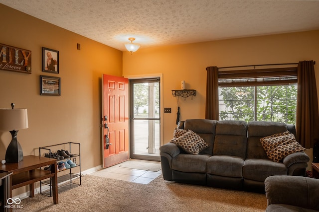 6585 Dunsdin Dr, Plainfield, IN 46168 - living area featuring light colored carpet, a textured ceiling, and light tile patterned floors