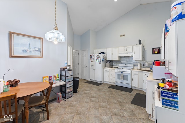8038 Midlothian Way, Indianapolis, IN 46214 - kitchen featuring white appliances, high vaulted ceiling, light countertops, white cabinetry, and under cabinet range hood