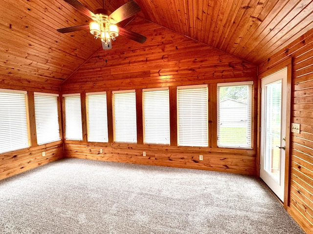 526 Jefferson Vly, Coatesville, IN 46121 - unfurnished sunroom featuring lofted ceiling, wood walls, carpet, and wooden ceiling
