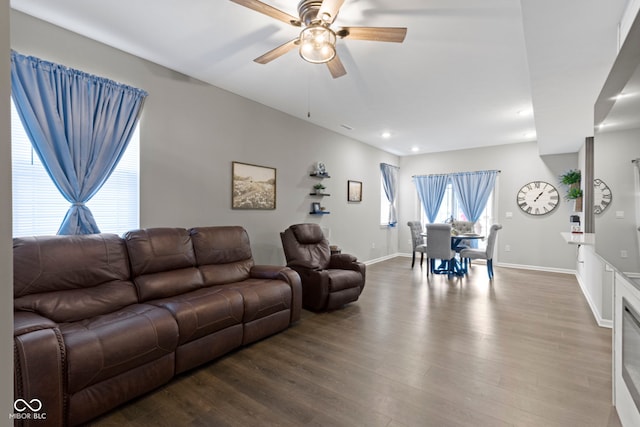 2733 Lamar Dr, Whitestown, IN 46075 - living room with wood finished floors, ceiling fan, and recessed lighting