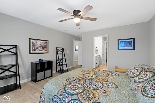 2733 Lamar Dr, Whitestown, IN 46075 - bedroom featuring light wood-style flooring, ceiling fan, and ensuite bathroom