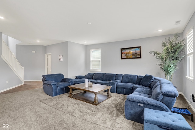 5812 Flat Hill Dr, Indianapolis, IN 46239 - living area with carpet flooring, stairs, and recessed lighting