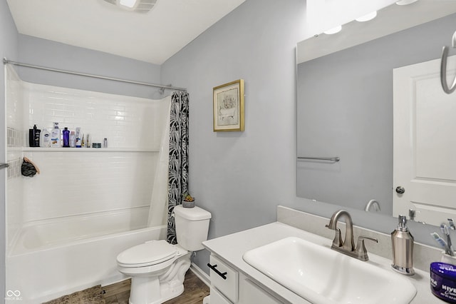 5812 Flat Hill Dr, Indianapolis, IN 46239 - full bathroom with wood finished floors, shower / tub combo with curtain, and vanity