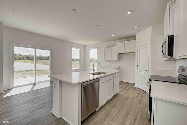7501 Firecrest Ln, Camby, IN 46113 - kitchen featuring stainless steel appliances, white cabinets, light wood-style floors, an island with sink, and a water view