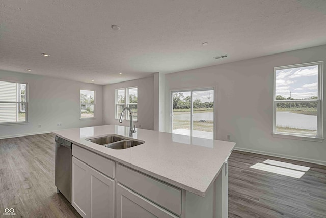 7501 Firecrest Ln, Camby, IN 46113 - kitchen featuring open floor plan, stainless steel dishwasher, a textured ceiling, wood finished floors, and recessed lighting