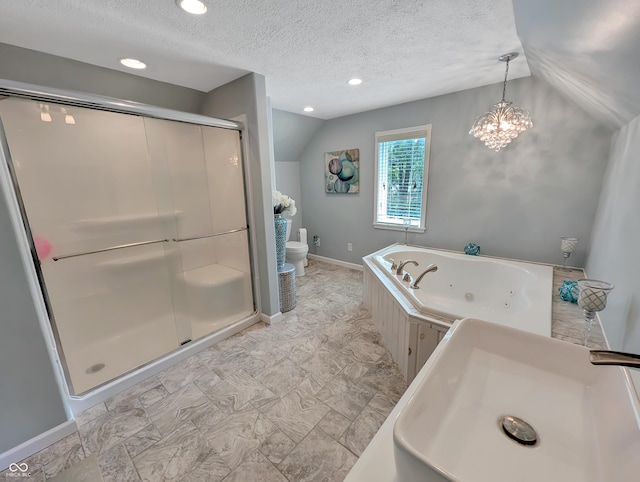 308 W Jefferson St, Kirklin, IN 46050 - full bathroom with lofted ceiling, a jetted tub, a shower stall, a textured ceiling, and a chandelier