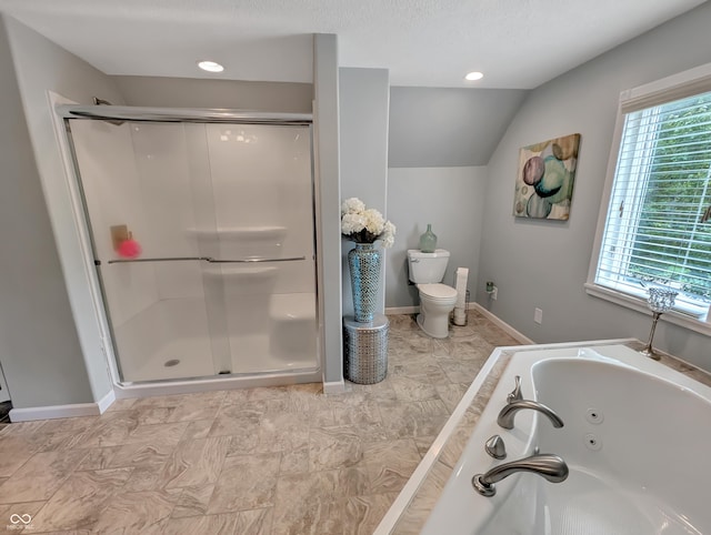 308 W Jefferson St, Kirklin, IN 46050 - full bath with a shower stall, a tub with jets, vaulted ceiling, and recessed lighting
