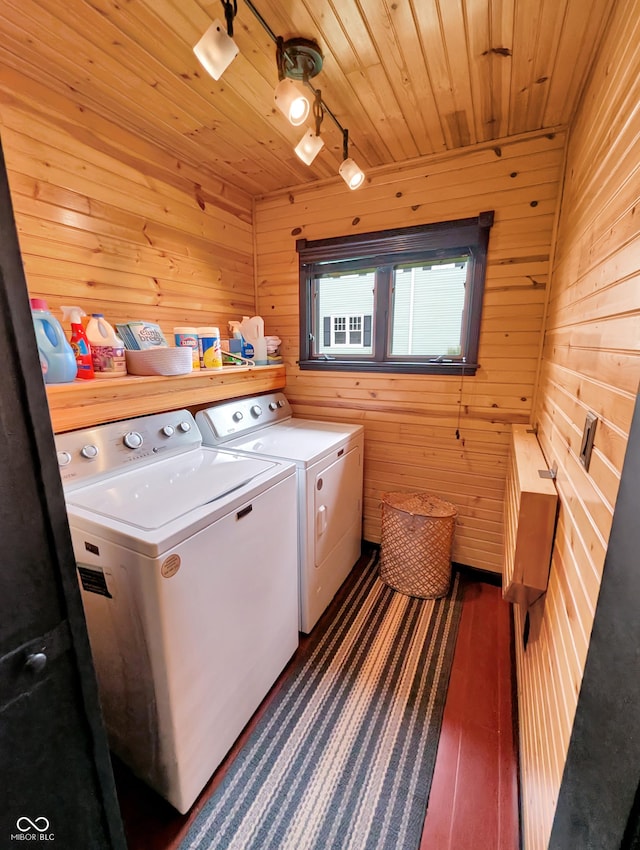 308 W Jefferson St, Kirklin, IN 46050 - washroom featuring separate washer and dryer, wooden walls, wood ceiling, and wood finished floors