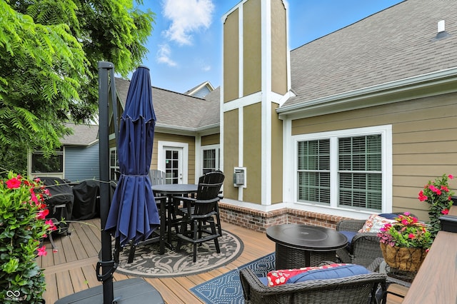 15410 Mission Hills Dr, Carmel, IN 46033 - wooden terrace with outdoor dining space