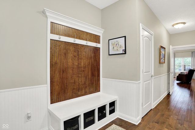 15410 Mission Hills Dr, Carmel, IN 46033 - mudroom with a wainscoted wall and dark wood-type flooring