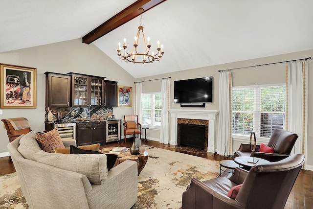 15410 Mission Hills Dr, Carmel, IN 46033 - living area featuring a chandelier, beverage cooler, plenty of natural light, and dark wood-style floors