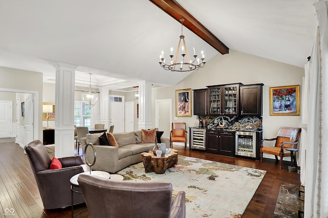15410 Mission Hills Dr, Carmel, IN 46033 - living area featuring ornate columns, beverage cooler, a chandelier, and dark wood-style flooring