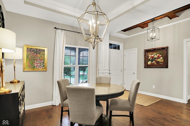 15410 Mission Hills Dr, Carmel, IN 46033 - dining space featuring a chandelier, dark wood finished floors, a raised ceiling, beamed ceiling, and crown molding