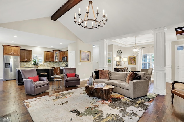 15410 Mission Hills Dr, Carmel, IN 46033 - living room with ornate columns, dark wood-style flooring, a chandelier, and recessed lighting