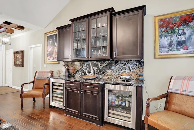 15410 Mission Hills Dr, Carmel, IN 46033 - indoor bar with wine cooler, dark wood-style floors, backsplash, and a chandelier