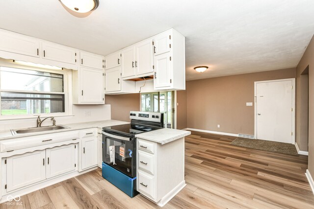 823 Rustic Rd, Anderson, IN 46013 - kitchen with stainless steel range with electric cooktop, white cabinets, light countertops, and light wood finished floors