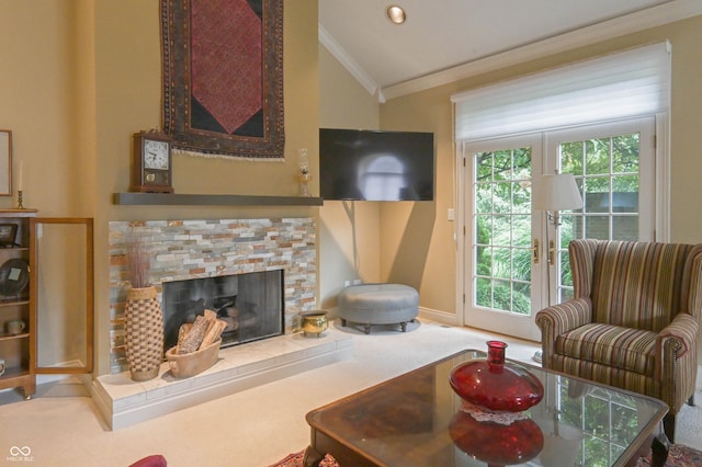 1870 Broadleaf Ct Unit 10, Greenwood, IN 46143 - carpeted living room with crown molding, lofted ceiling, and a stone fireplace