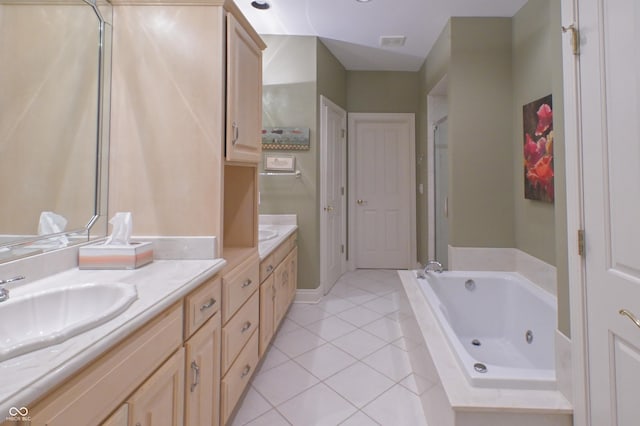 1870 Broadleaf Ct Unit 10, Greenwood, IN 46143 - bathroom featuring double vanity, a whirlpool tub, tile patterned floors, and a shower stall