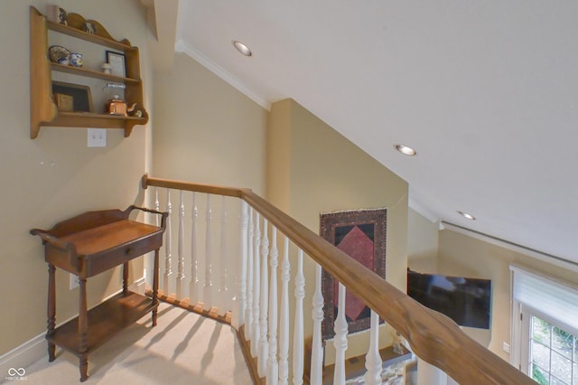 1870 Broadleaf Ct Unit 10, Greenwood, IN 46143 - staircase with vaulted ceiling, ornamental molding, and recessed lighting