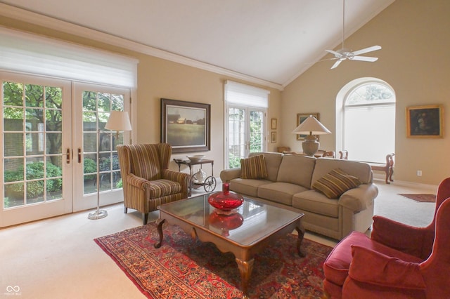1870 Broadleaf Ct Unit 10, Greenwood, IN 46143 - living room with carpet floors, french doors, ornamental molding, plenty of natural light, and lofted ceiling