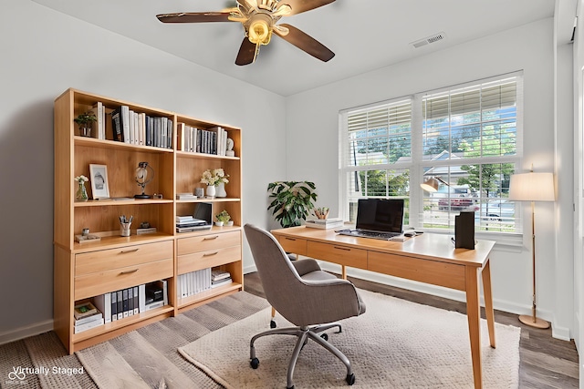 1181 S Aberdeen Dr, Franklin, IN 46131 - office area featuring a ceiling fan and wood finished floors