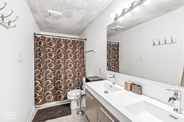 6259 Teacup Dr, Indianapolis, IN 46235 - bathroom with a textured ceiling, double vanity, and a shower with curtain