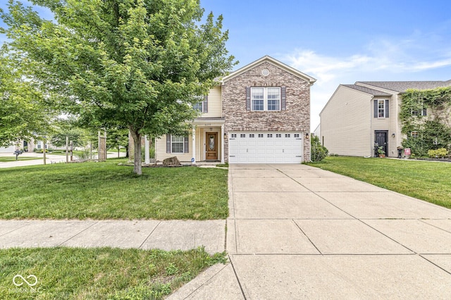 6259 Teacup Dr, Indianapolis, IN 46235 - traditional-style house with brick siding, driveway, a garage, and a front lawn